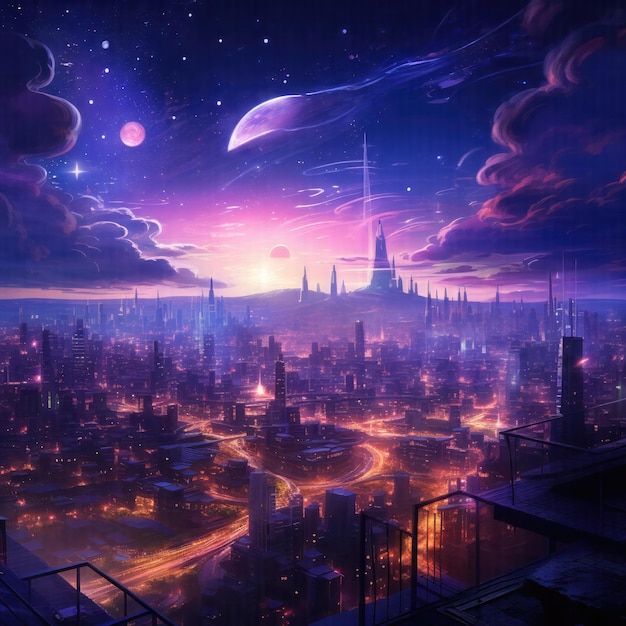 a city skyline with a purple sky and a city in the background.