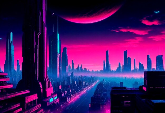 a city skyline with a purple sky and a cityscape in the background