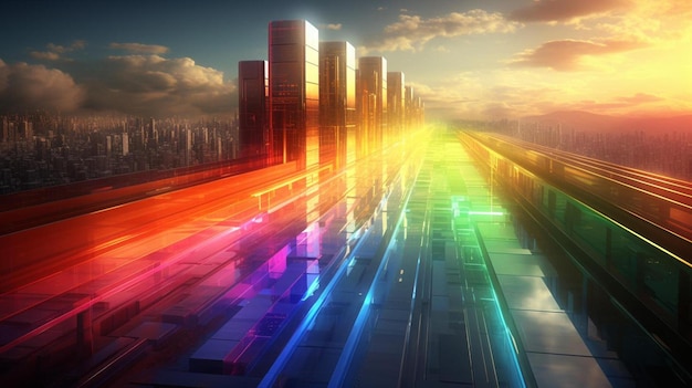 a city skyline with a rainbow of light