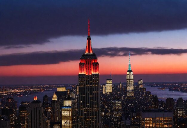 a city skyline with a red and blue light on the top