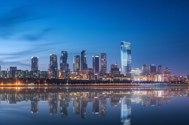 Photo a city skyline with a reflection of a building in the water