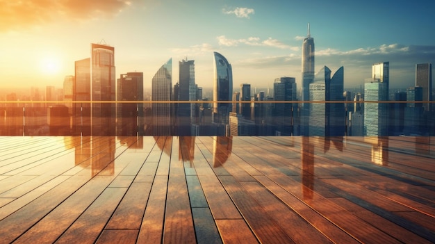 a city skyline with the reflection of the city in the water