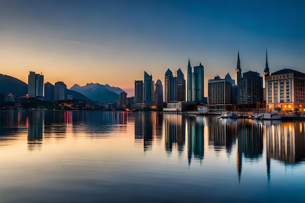 a city skyline with a reflection of the city in the water.