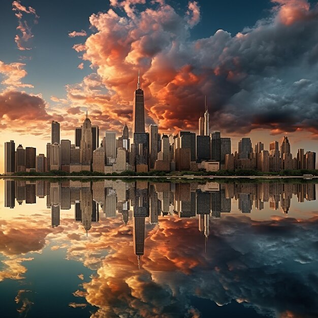 Photo a city skyline with the reflection of a cloudy sky.