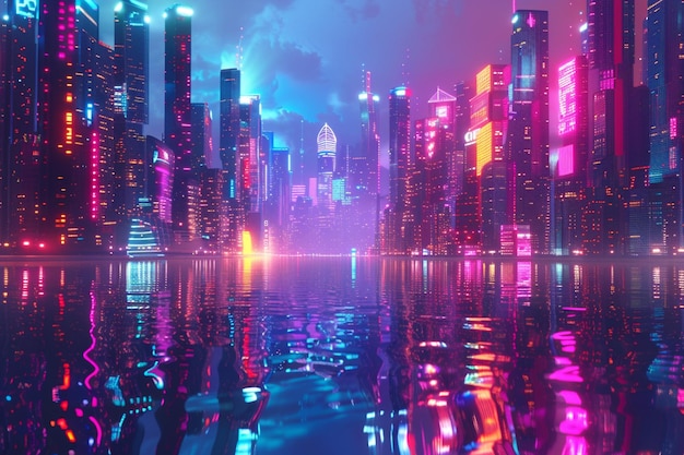 a city skyline with a reflection of a skyscraper in the water