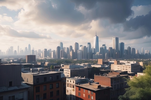 a city skyline with a river and a bridge in the foreground