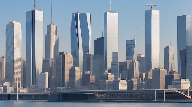 A city skyline with a skyscraper in the background