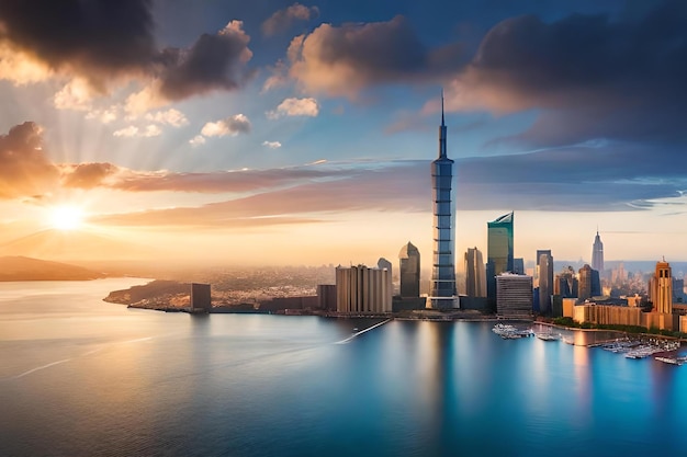 A city skyline with a skyscraper and the skyline of the city of kuwait.