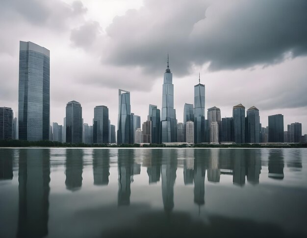 A city skyline with skyscrapers reflected on a smooth water surface under a cloudy sky