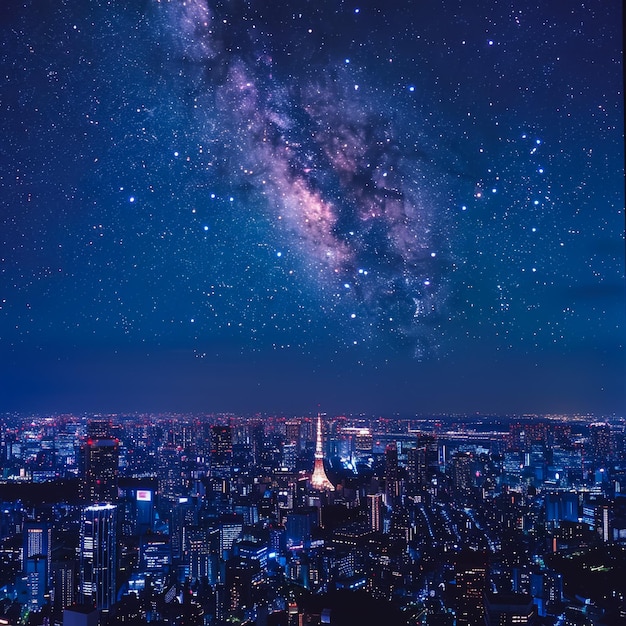a city skyline with a star filled sky and a city skyline
