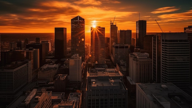 A city skyline with the sun setting behind it