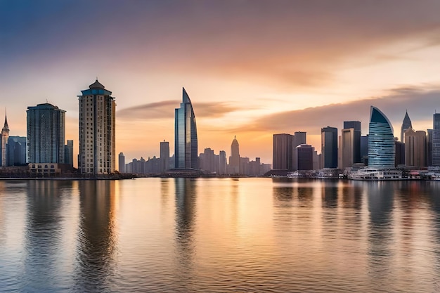 A city skyline with a sunset in the background