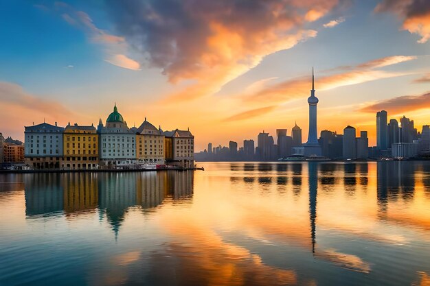 A city skyline with a sunset in the background