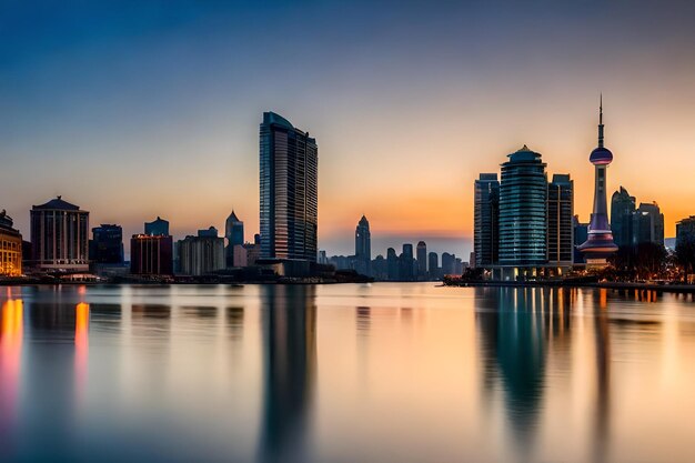 a city skyline with a sunset in the background.