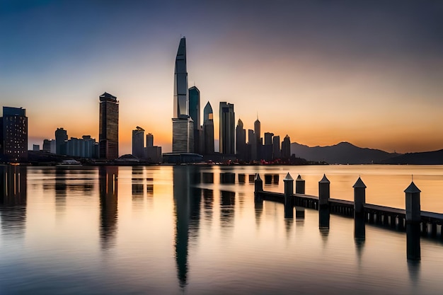 A city skyline with a sunset in the background