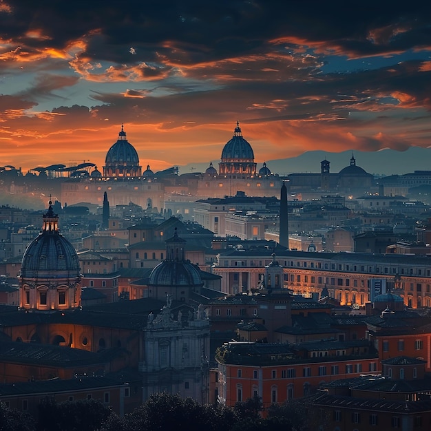 Photo a city skyline with a sunset and the dome of the building