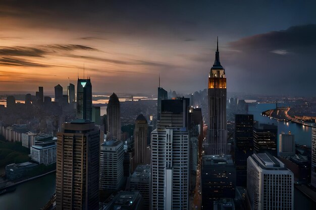 a city skyline with a tower that says " city " on the top.