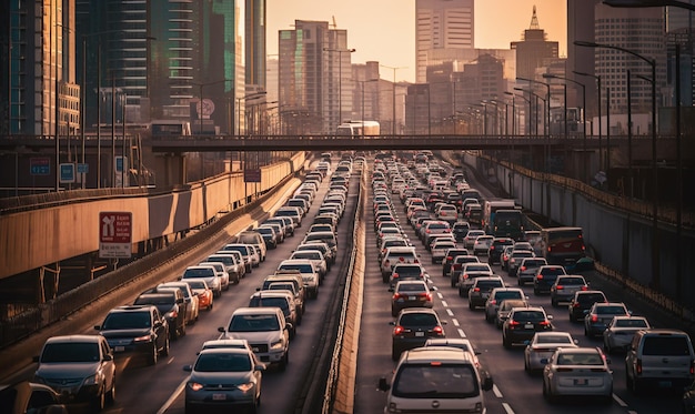 city skyline with traffic jam