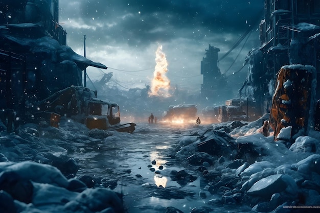 Город в снегу с огнем посередине