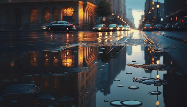 City street after the rain. Generative AI.