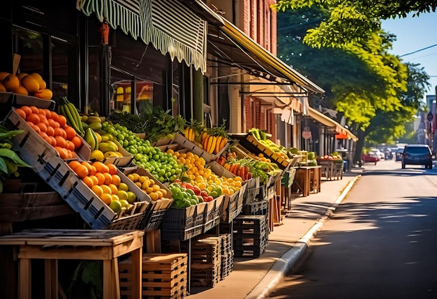 Фото Городская улица и аллея с красочными фруктовыми киосками для продажи