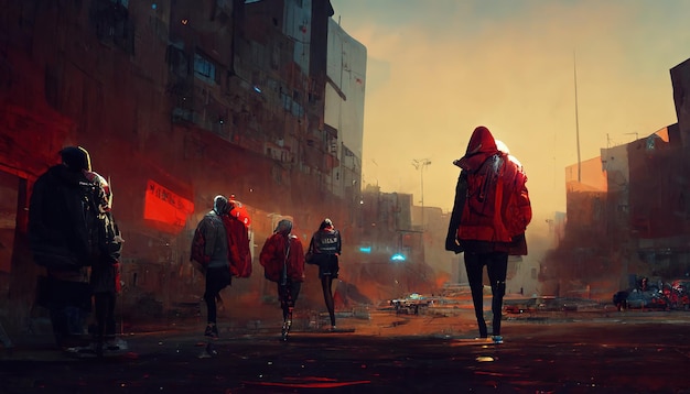 City street background with silhouettes of people in jackets Epic dramatic street scene with people 3D illustration