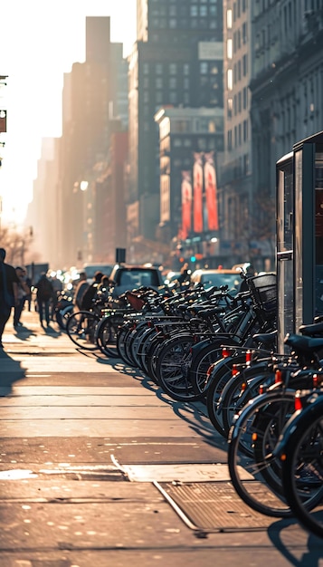 a city street filled with lots of parked bikes