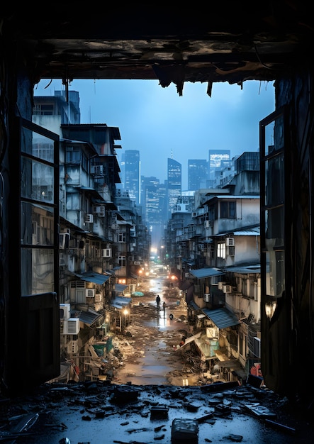 a city street filled with lots of tall buildings Window view from metal window