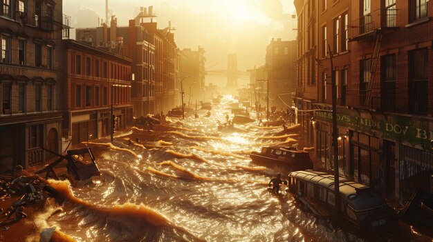 Photo city street flooded at sunset