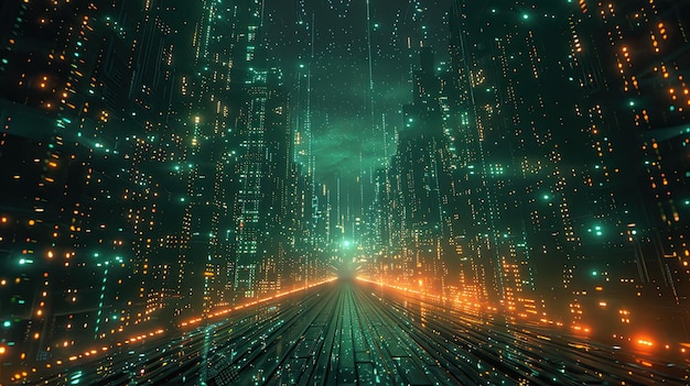 Foto la strada della città del futuro è evidenziata con un codice binario il concetto di realtà virtuale