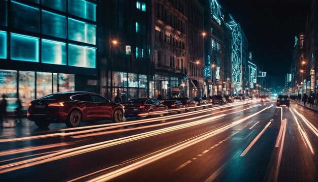 City street illuminated by blurred motion of car lights