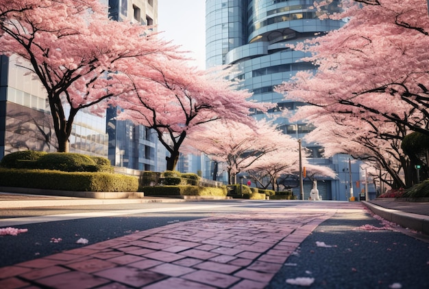 写真 桜が咲く日本の街路