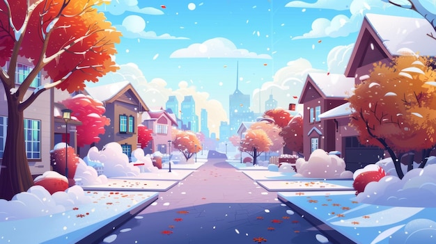 写真 冬の街は大都市の背景を背景に近代的なアニメのイラストで雲の空の下の郊外の家雪に覆われた木や茂み遠くの近代的な高層ビル