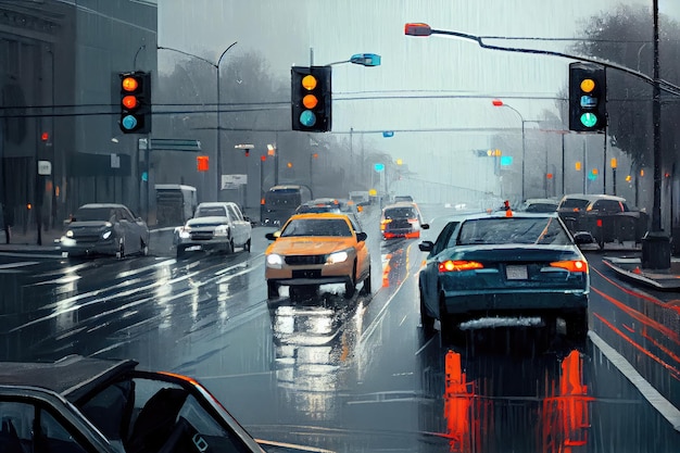 City street intersection rainy day with view of traffic lights and parked cars