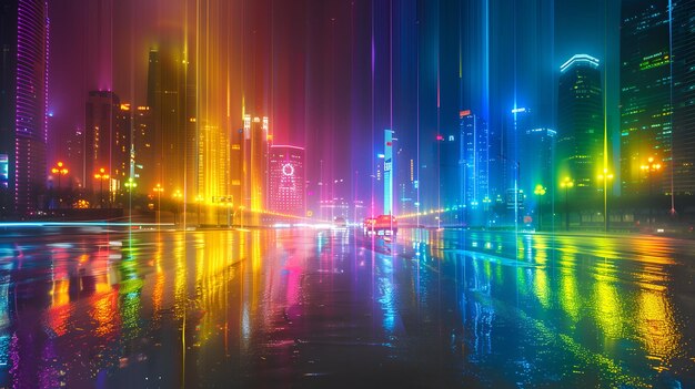 Foto una strada della città è illuminata da uno spettro di luci colorate che creano una scena urbana abbagliante