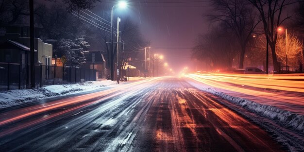 雪が降った後の夜の街の通り