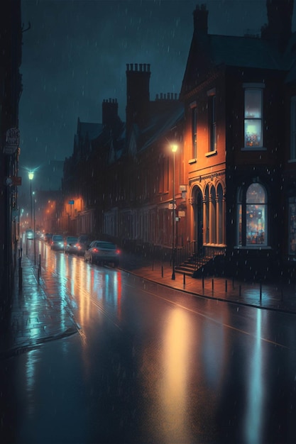 City street at night in the rain generative ai