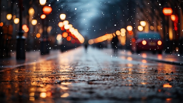 A city street at night in the rain