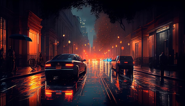 A city street at night with cars parked on the side of the road and a rain soaked street with lights on the street and buildings Generative AI