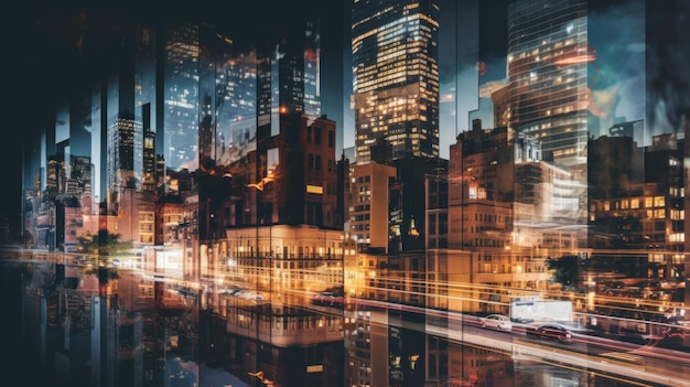 제너레이티브 AI 이미지를 지나는 자동차가 있는 밤의 도시 거리