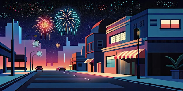 City street at night with firework in the sky