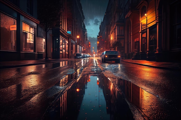 City street at night with headlights and reflections on the wet pavement