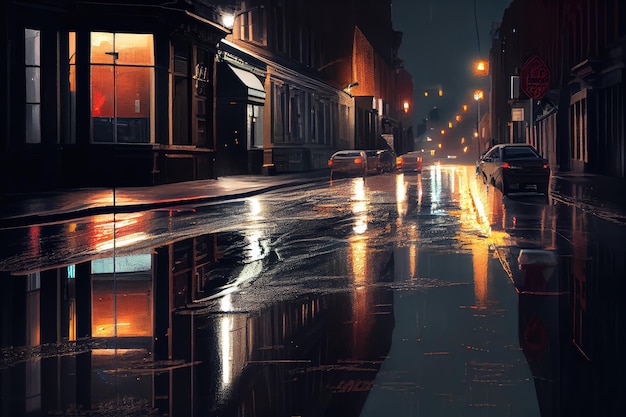 Городская улица ночью с фарами и отражениями на мокрой мостовой