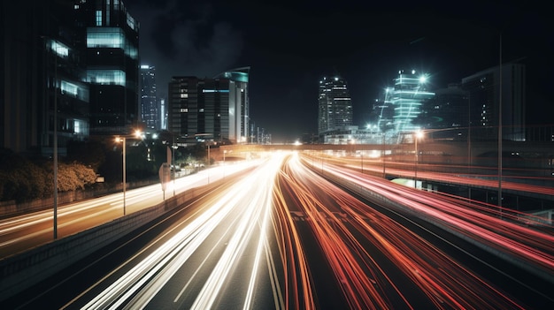 A city street at night with lights on