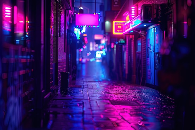 Photo a city street at night with neon lights