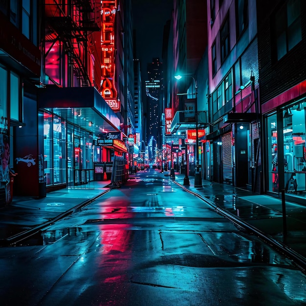 Photo a city street at night with neon lights