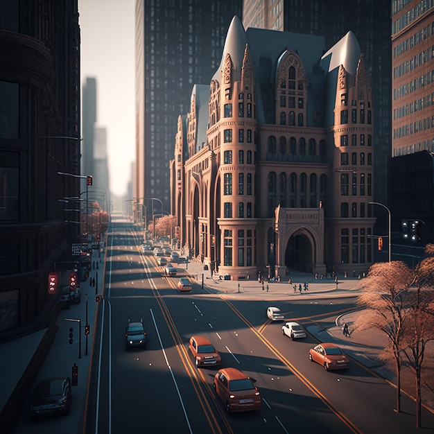 A city street scene with a building in the middle and a lot of cars on it.