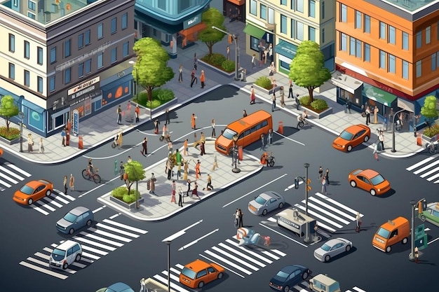 City street of urban cars transport on traffic lane and pedestrian crosswalk