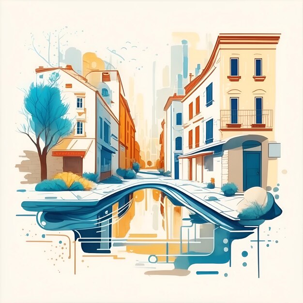 city street water color outline style with ai generated