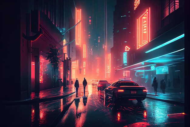 City street with bright neon lights modern and futuristic ambience